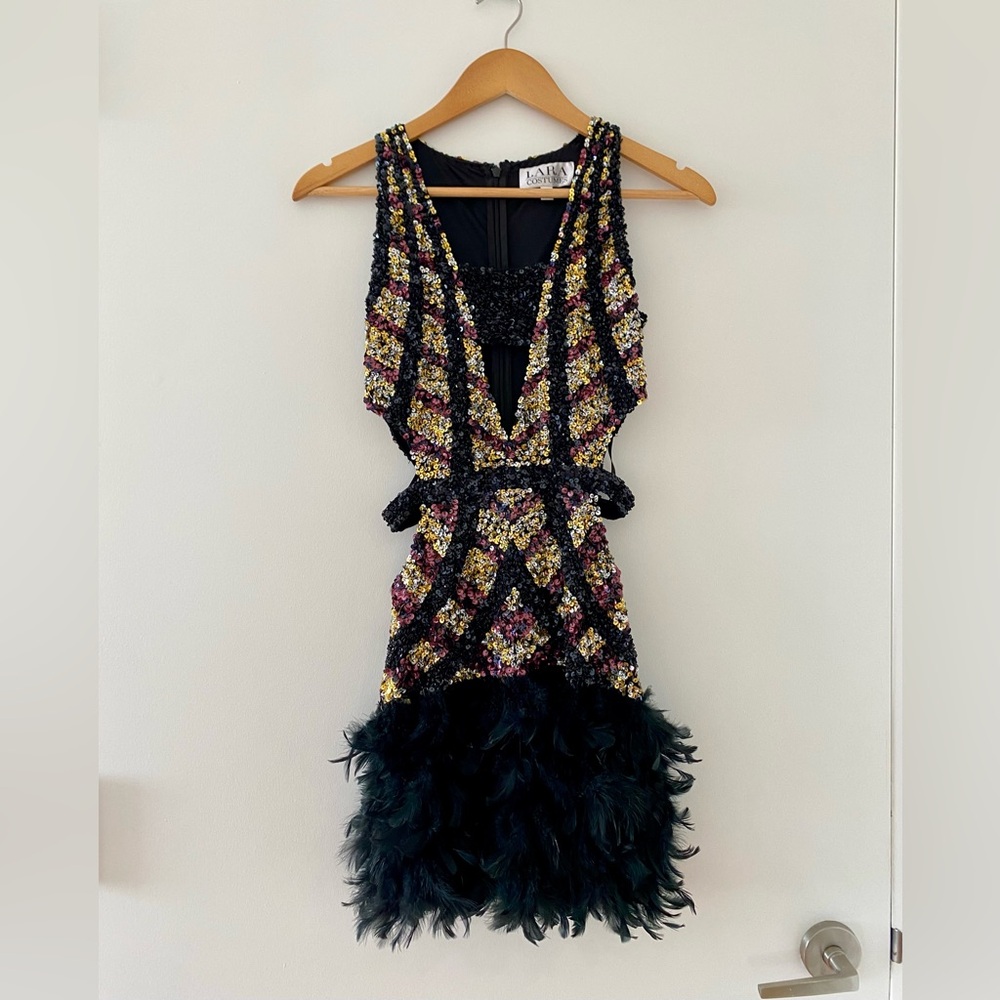 Over the top Showgirl Carnival Style Sequin Mini Dress with Feathers
